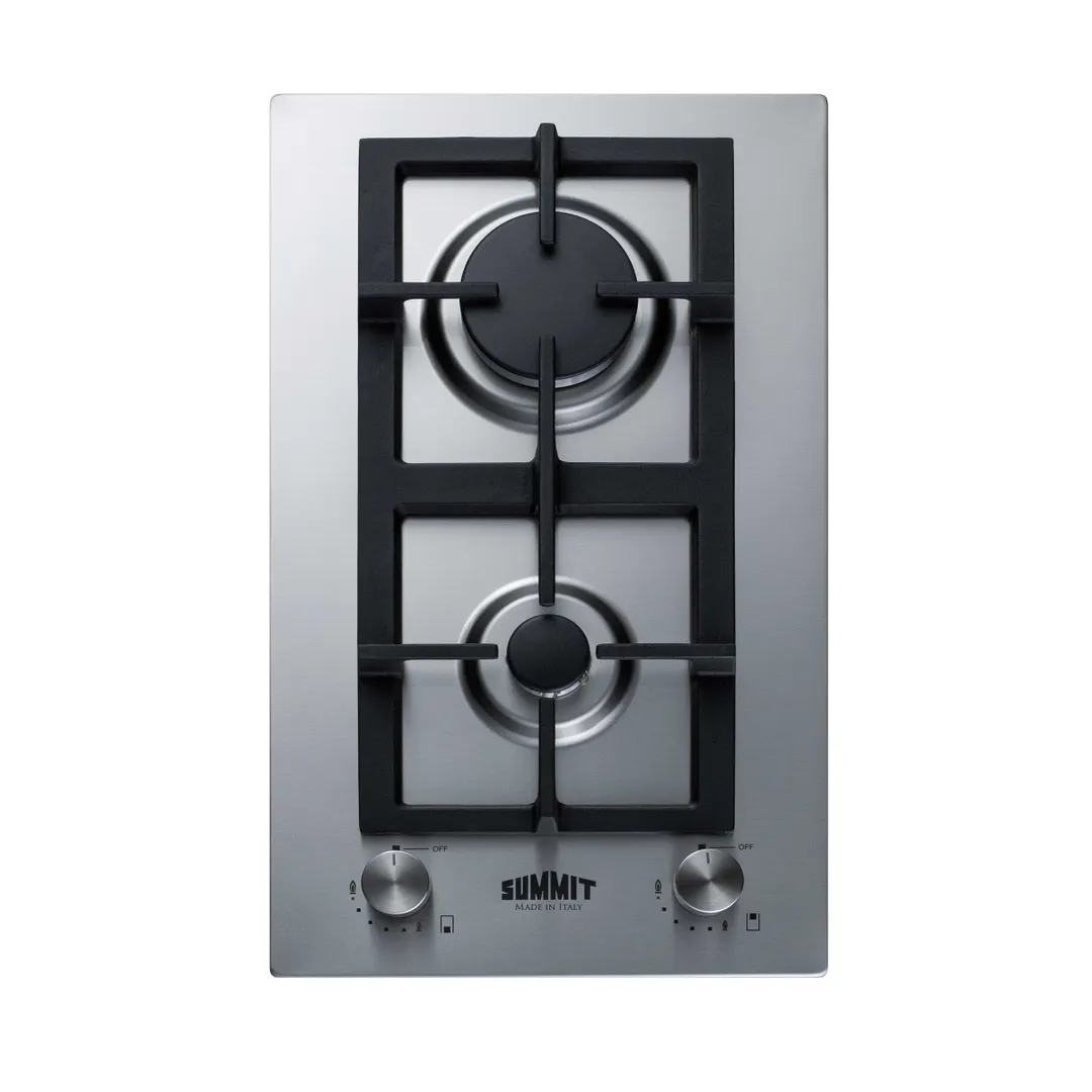 Summit GCJ2SS 12" Built-In Gas Cooktop/Hotplate with (2) Burners, Stainless Steel Surface, 13.400 BTU