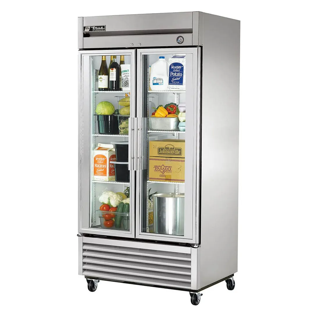 True T-35G-HC~FGD01 39" 2-Section Reach-In Refrigerator w/ 2 Glass Doors, Bottom Mount, Stainless Steel Front-Aluminum Sides