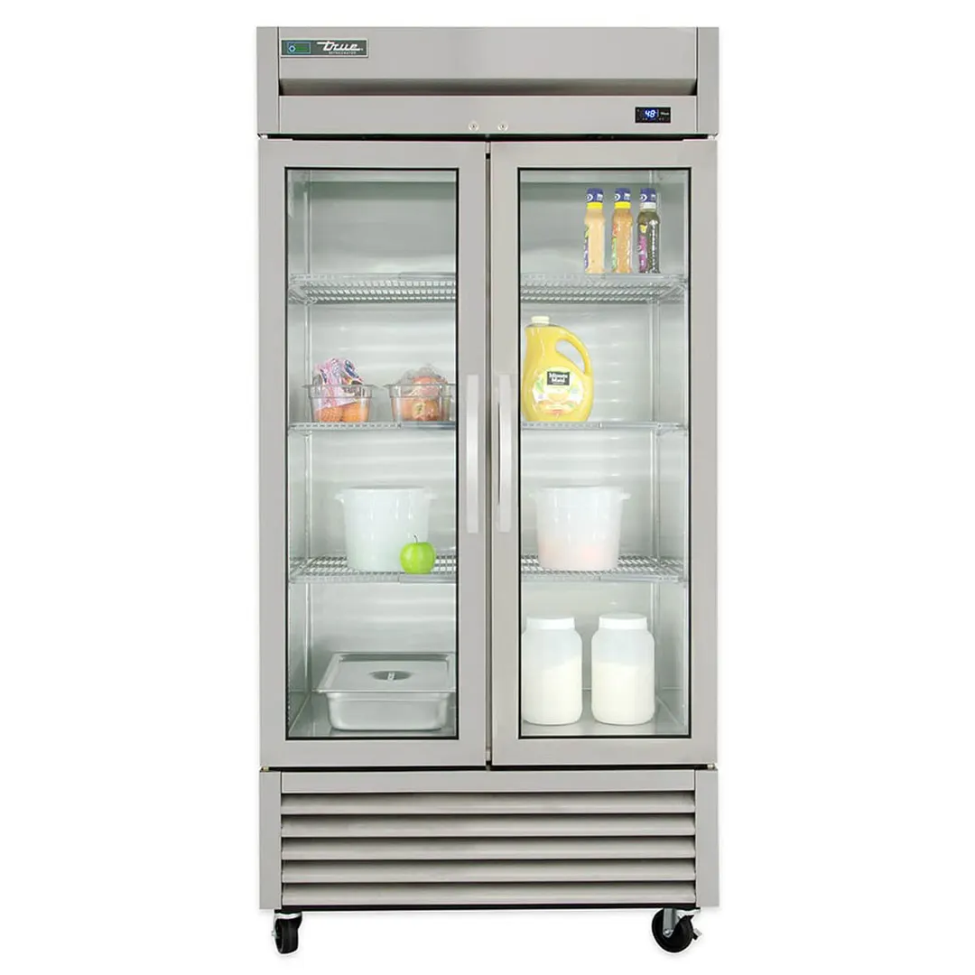 True T-35G-HC~FGD01 39" 2-Section Reach-In Refrigerator w/ 2 Glass Doors, Bottom Mount, Stainless Steel Front-Aluminum Sides