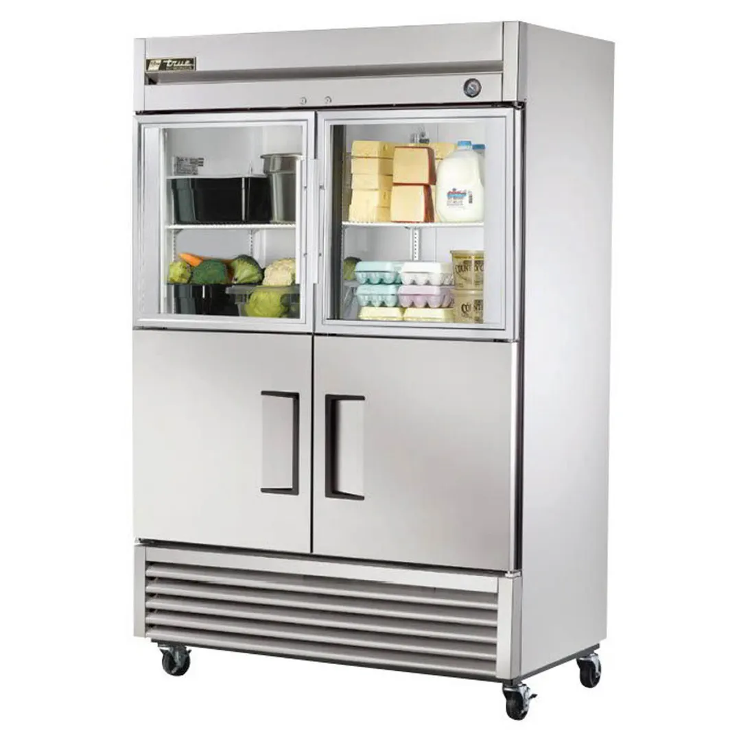 True T-49-2-G-2-HC~FGD01 54" 2-Section Reach-In Refrigerator w/ 2 Solid & 2 Glass Half Doors, Bottom Mount, Stainless Steel Front-Aluminum Sides