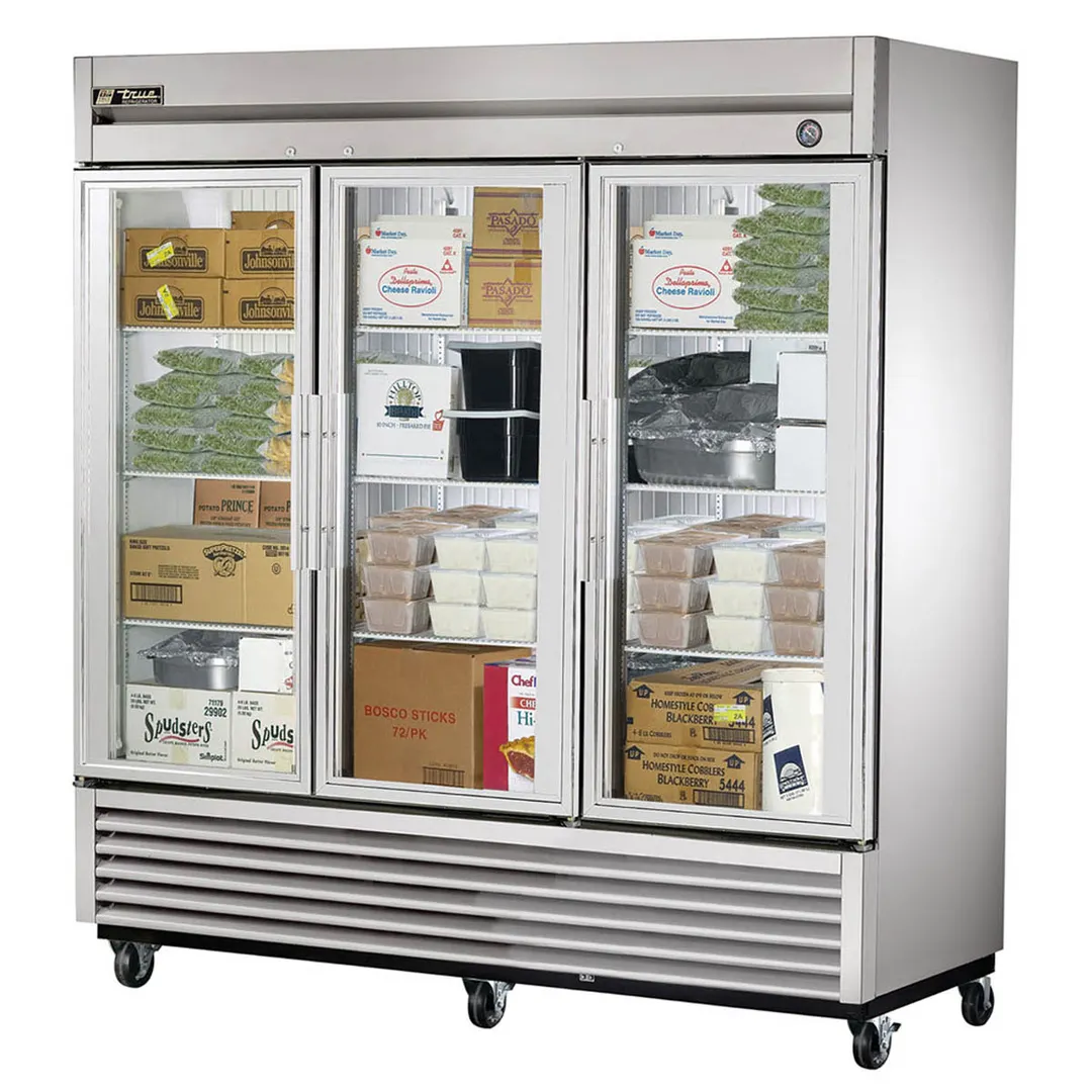 True T-72FG-HC~FGD01 78" 3-Section Reach-In Freezer, 3 Glass Doors, Stainless Steel Front, 72 cu. ft., Bottom Mounted