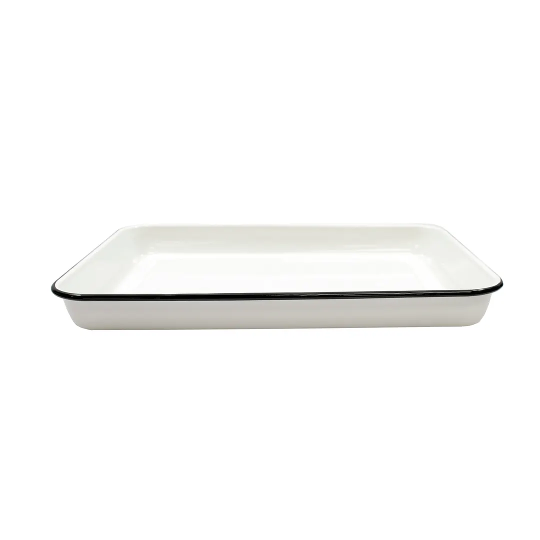 TableCraft Products 80012 Enamelware Serving Tray, 16" x 11.5" White Black Rim Steel - 1/Each