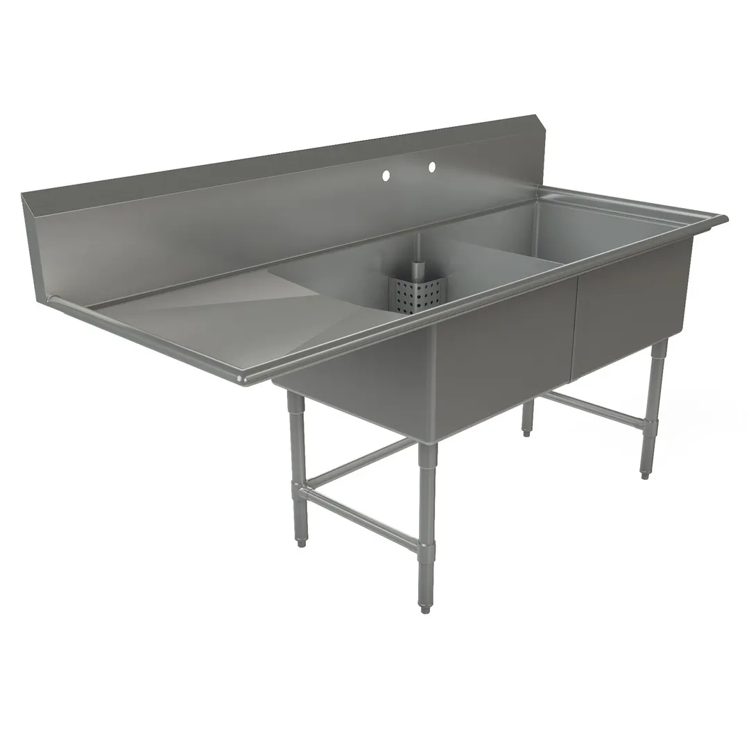 Tarrison TA-CDS224L-KIT 75" Two Compartment Sink, 24"W x 24"L Bowl With Left-Hand Drainboard - 18 Gauge