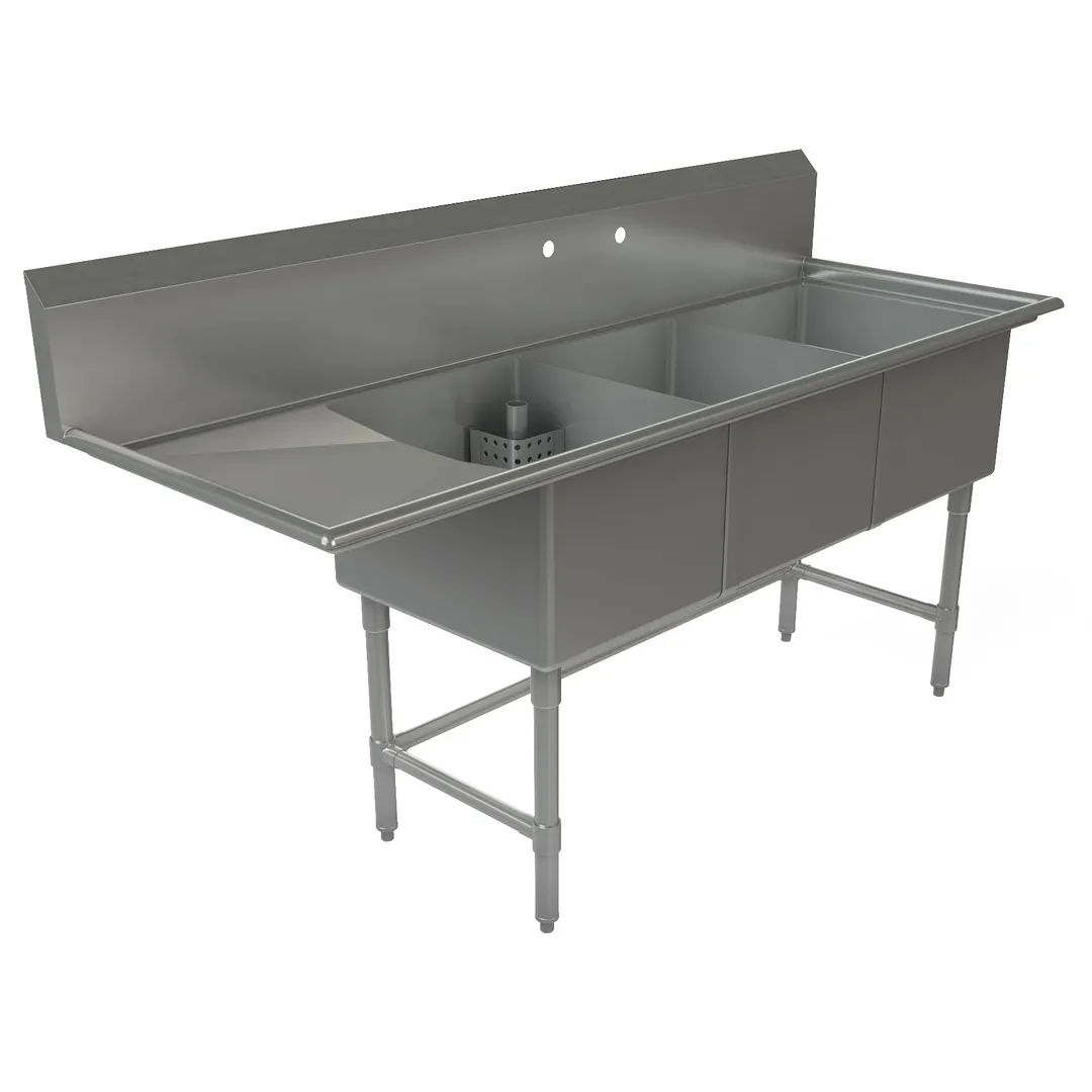Tarrison TA-CDS318L16-KIT 75" Three Compartment Sink, 18"W x 21"L Bowl With Left-Hand Drainboard