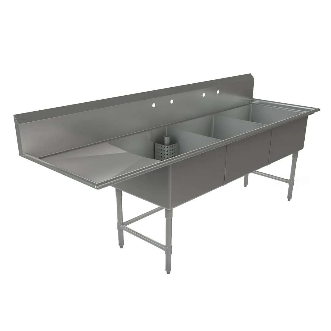 Tarrison TA-CDS324L16-KIT 99" Three Compartment Sink, 24"W x 24"L Bowl With Left-Hand Drainboard
