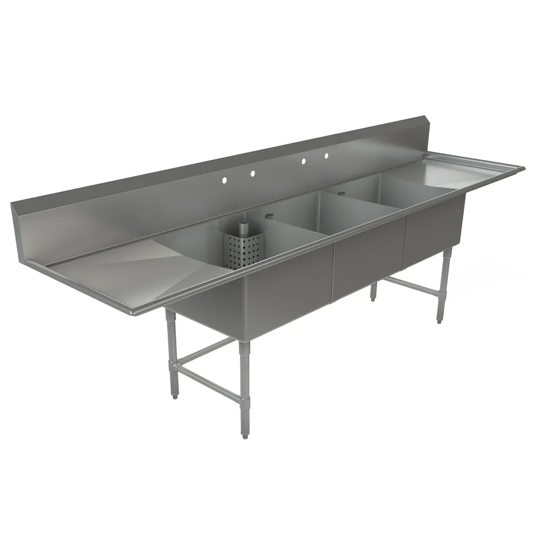 Tarrison TA-CDS324LR16-KIT 120" Three Compartment Sink, 24"W x 24"L Bowl With 2 Drainboards