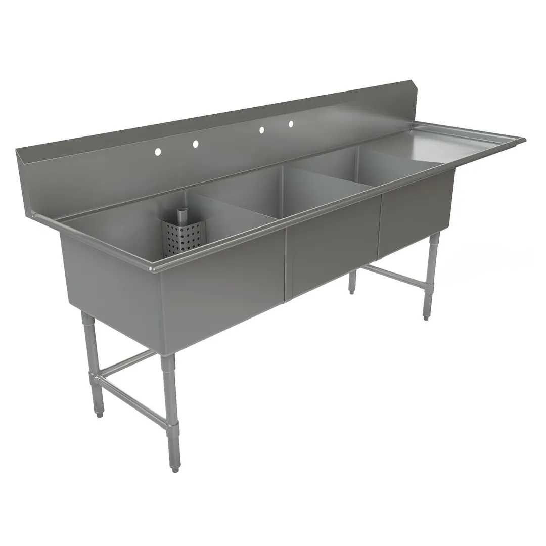 Tarrison TA-CDS324R16-KIT 99" Three Compartment Sink, 24"W x 24"L Bowl With Right-Hand Drainboard