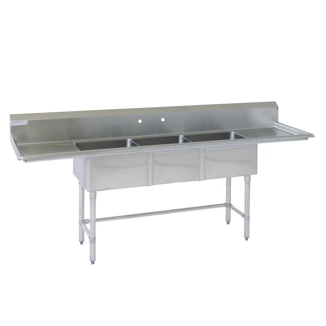 Tarrison TA-PS321LR24-KIT 102" Three Compartment Sink, 18"W x 21"L Bowl With 2 Drainboards