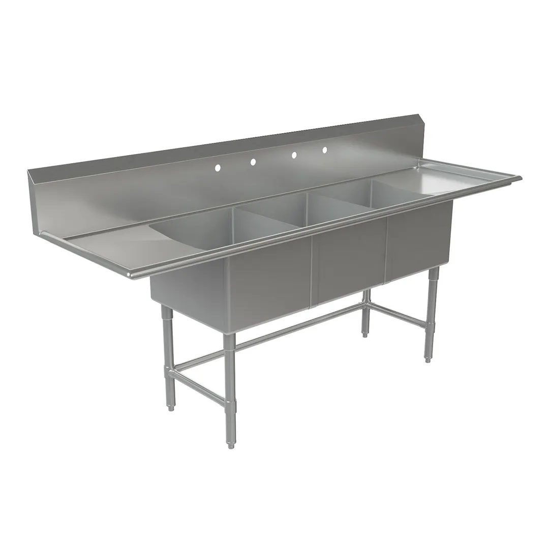 Tarrison TA-PS31620LR-KIT 84" Three Compartment Sink, 16"W x 20"L Bowl With 2 Drainboards