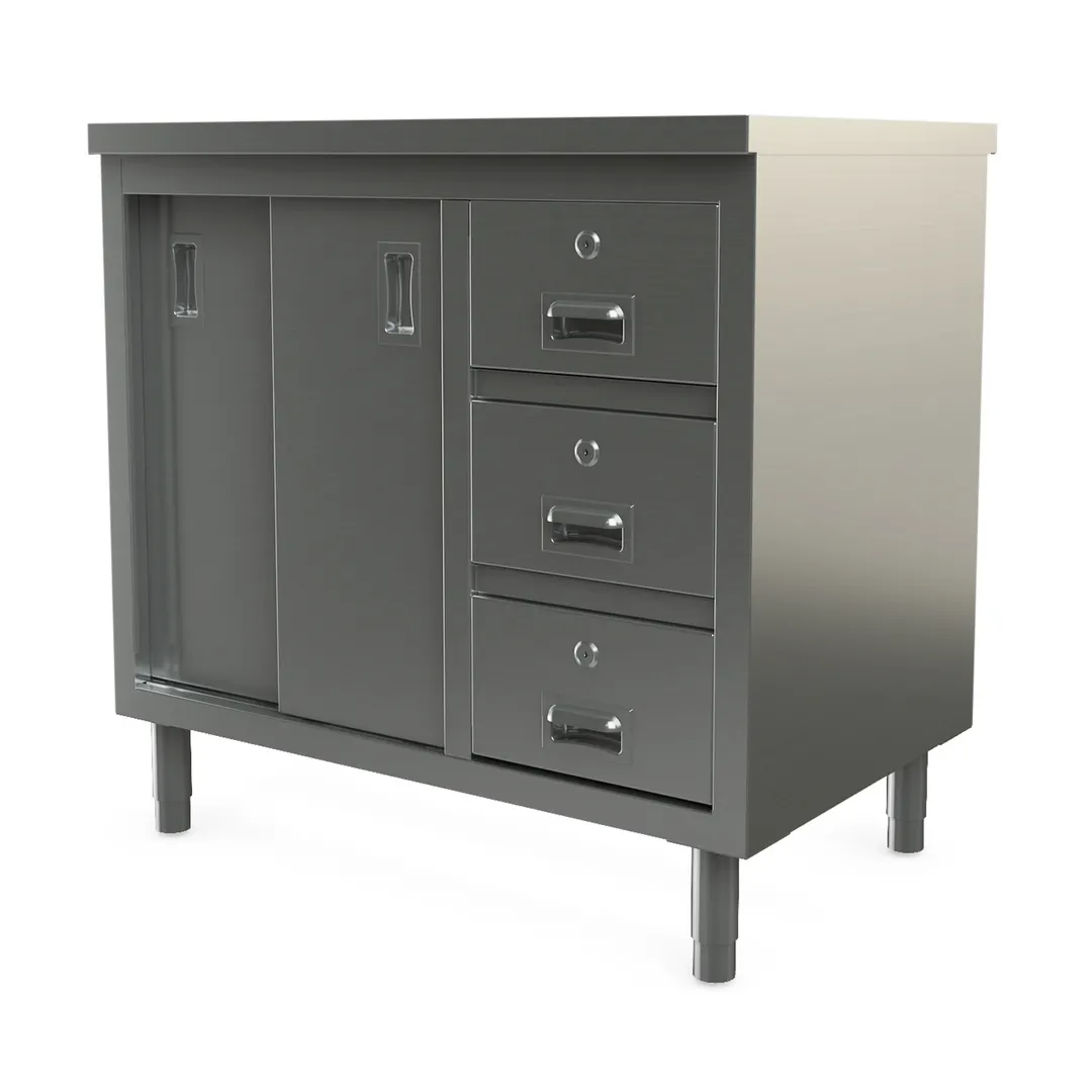Tarrison TC-C2436D Sliding Door Servery Work Table, Mid-Shelf & Drawers with Locks / 36"W X 24"D