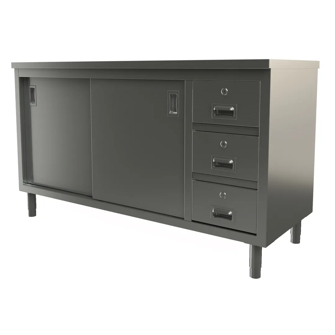 Tarrison TC-C2460D Sliding Door Servery Work Table, Mid-Shelf & Drawers with Locks / 60"W X 24"D