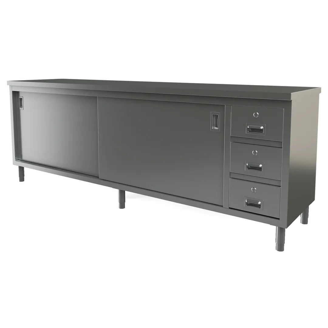 Tarrison TC-C2496D 96" Sliding Door Servery Work Table, Mid-Shelf & Drawers with Locks / Backsplash