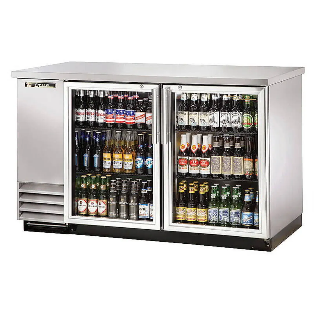 True TBB-2G-S-HC-LD 58" Two Glass Swing Door Stainless Steel Back Bar Cooler with LED