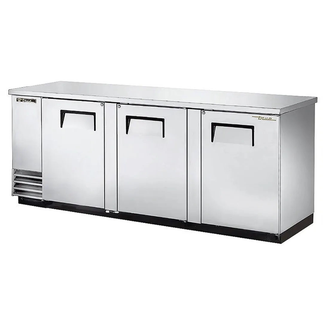 True TBB-4-S-HC 90" Three Solid Swing Door Stainless Steel Back Bar Cooler with Hydrocarbon