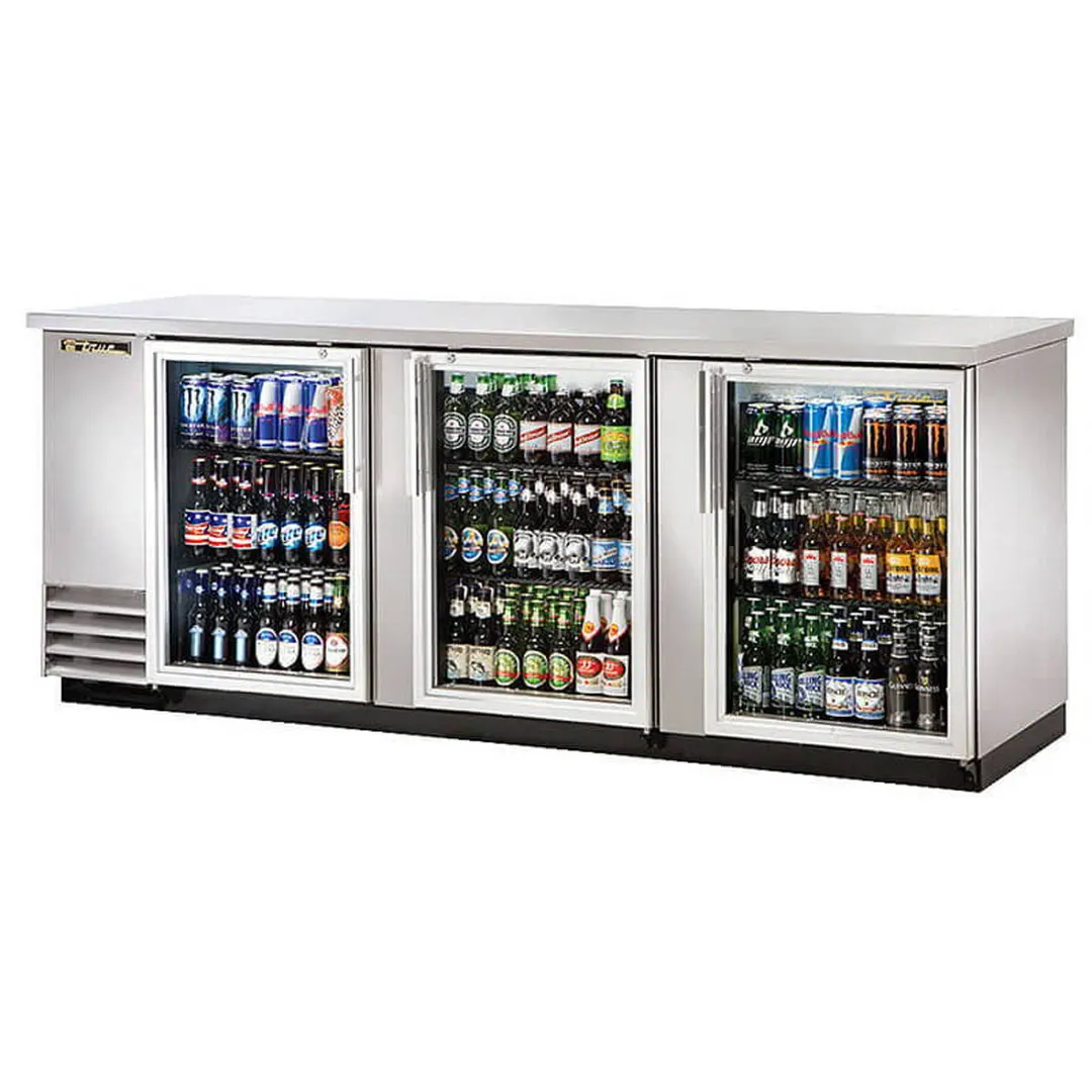 True TBB-4G-S-HC-LD 90" 3 Glass Swing Door Stainless Steel Back Bar Cooler w/ LED Lighting