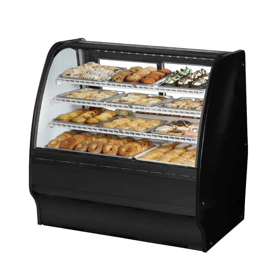 True TGM-DC-48-SC/SC-B-W 48" Curved Glass Solid Colored End Dry Bakery Merchandiser