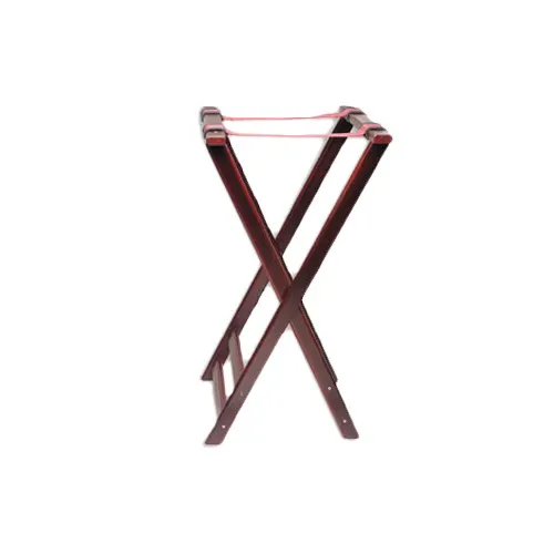 Thunder Group WDTHTS032 Folding Double Bar Tray Stand, Mahogany Wood, Brown Frame, Pink Nylon Straps, 12" H x 14" W