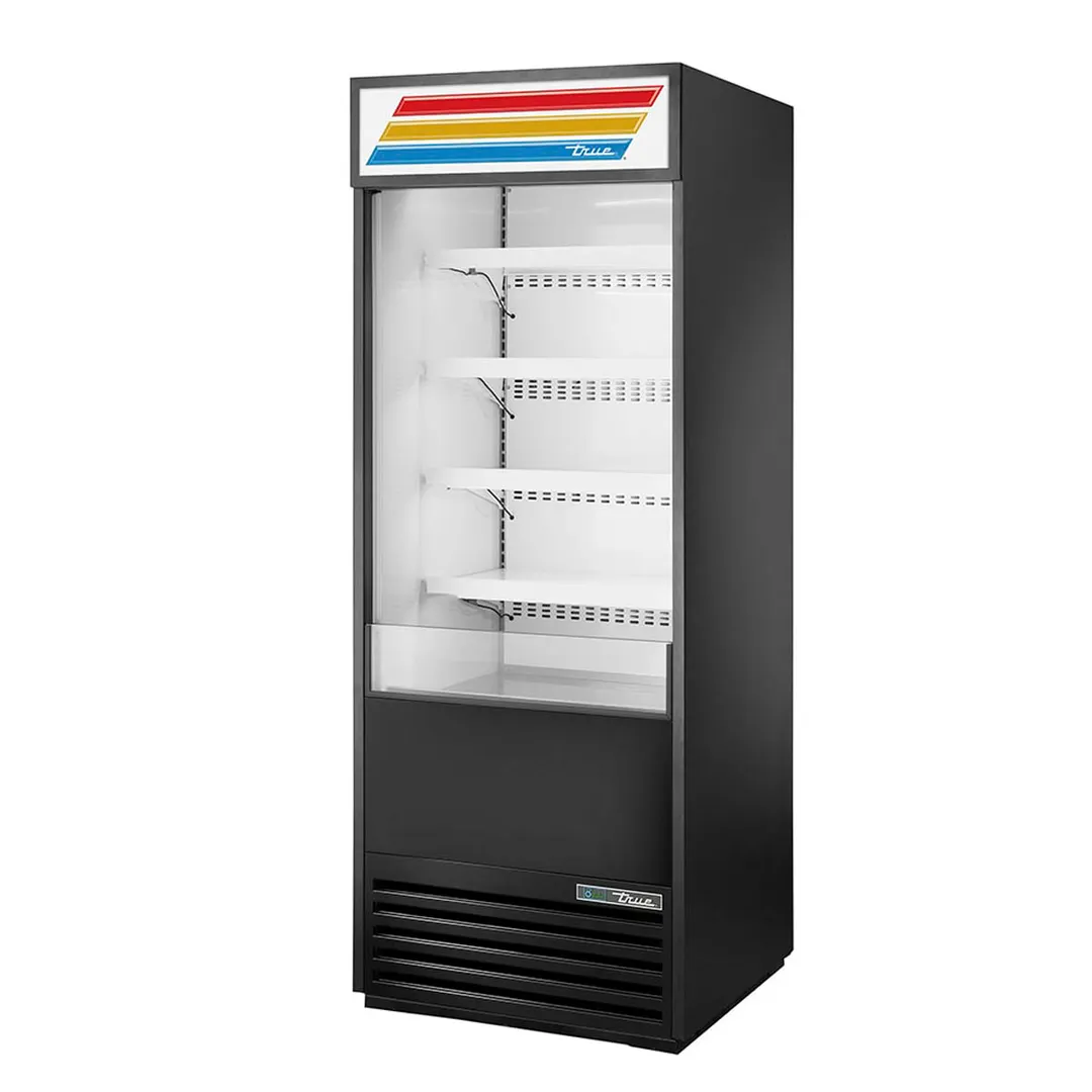 True TOAM-30-HC~TSL01 30" Vertical Air Curtain Merchandiser in Black, Self-Contained, 4 Shelves, Lighted Sing Panel