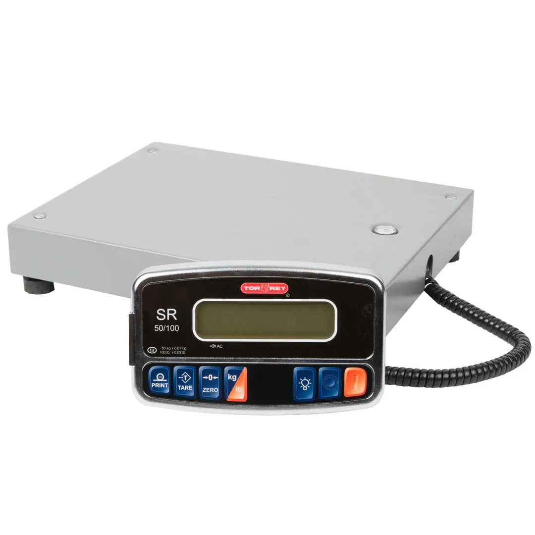 Tor-Rey SR-50/100 - 50kg/100lb Receiving Scale, 10x13" Platform, Lead‑Free Epoxy Finish, 0.01kg, PI Indicator
