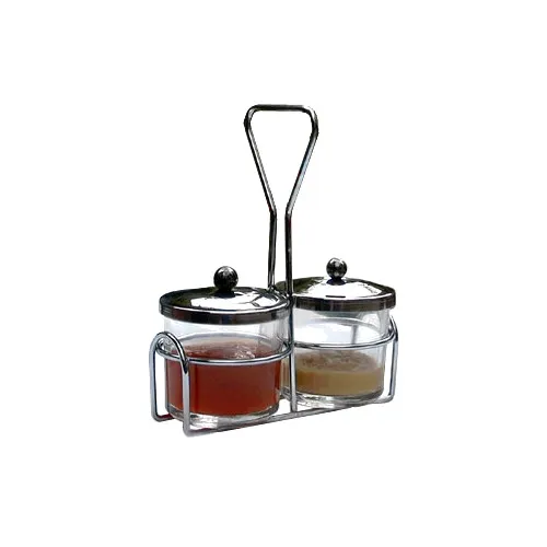 Town 19826 Condiment Server Set, 2 Glass Jars 8oz, Steel Covers, Chrome Plated Rack - Set