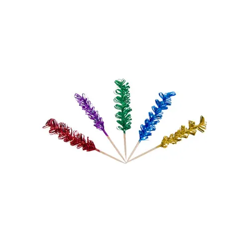 Town 51802/CS Cocktail Food Pick – 4" Curly Foil Frill Top, Wooden Stem, Assorted Colors - 1/Case