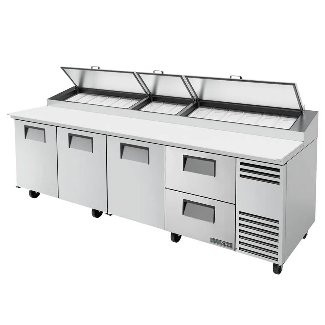 True TPP-AT-119D-2-HC 119" Refrigerated Pizza Prep Table w/ 3 Doors & 2 Drawers, (15) 1/3 Pans
