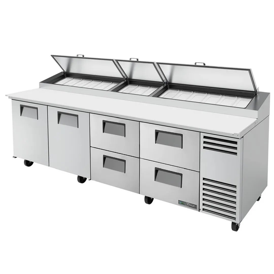 True TPP-AT-119D-4-HC 119" Refrigerated Pizza Prep Table w/ 2 Doors & 4 Drawers, (15) 1/3 Pans