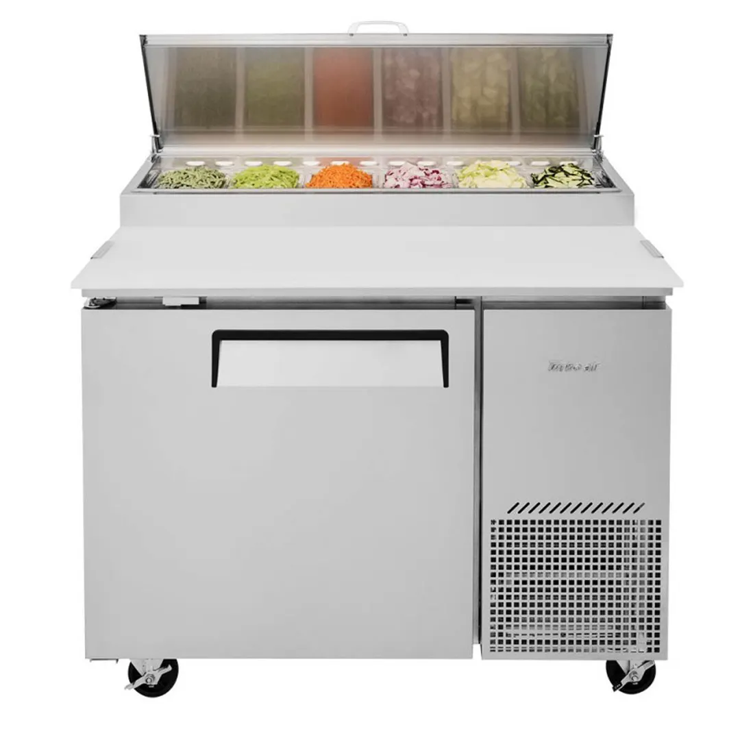 Turbo Air TPR-44SD-N 44" 1 Door Refrigerated Pizza Prep Table, 6 Condiment Pan, 14 cu. ft.