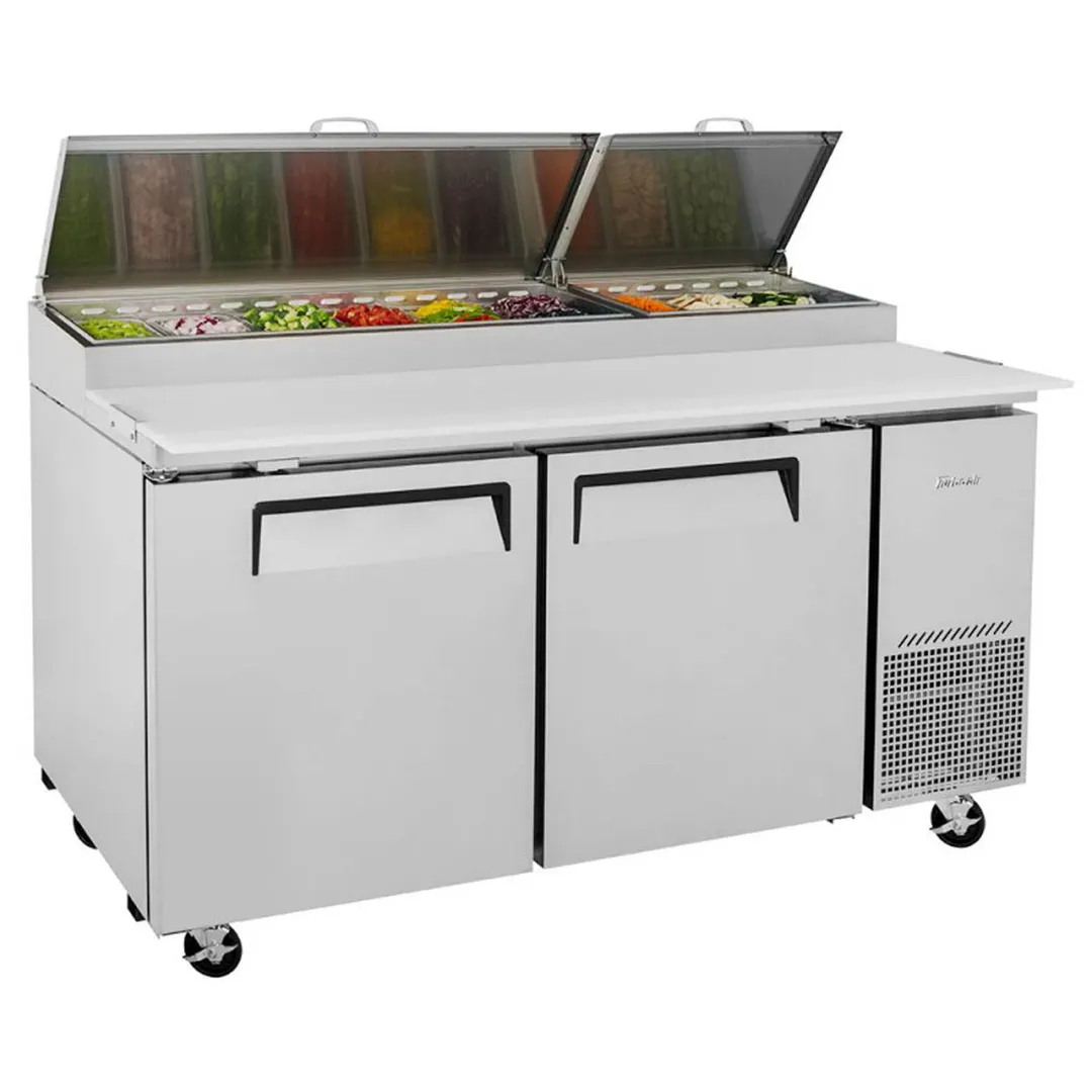 Turbo Air TPR-67SD-N 67" Refrigerated Pizza Prep Table w/ 2 Doors, 9 Condiment Pans