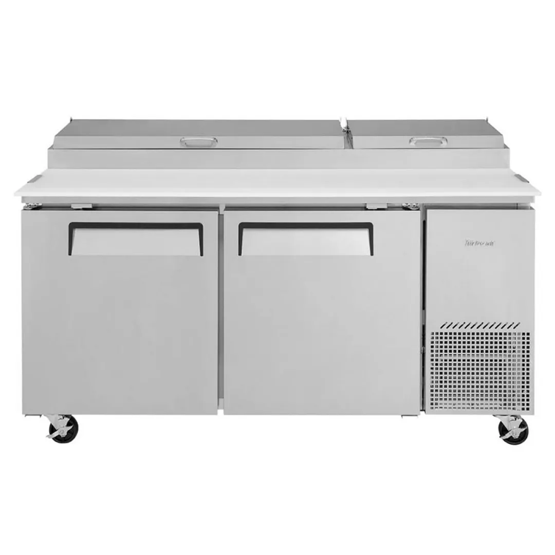 Turbo Air TPR-67SD-N 67" Refrigerated Pizza Prep Table w/ 2 Doors, 9 Condiment Pans