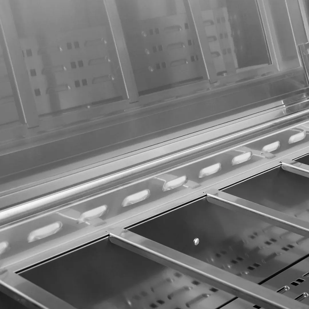 Turbo Air TPR-67SD-N 67" Refrigerated Pizza Prep Table w/ 2 Doors, 9 Condiment Pans