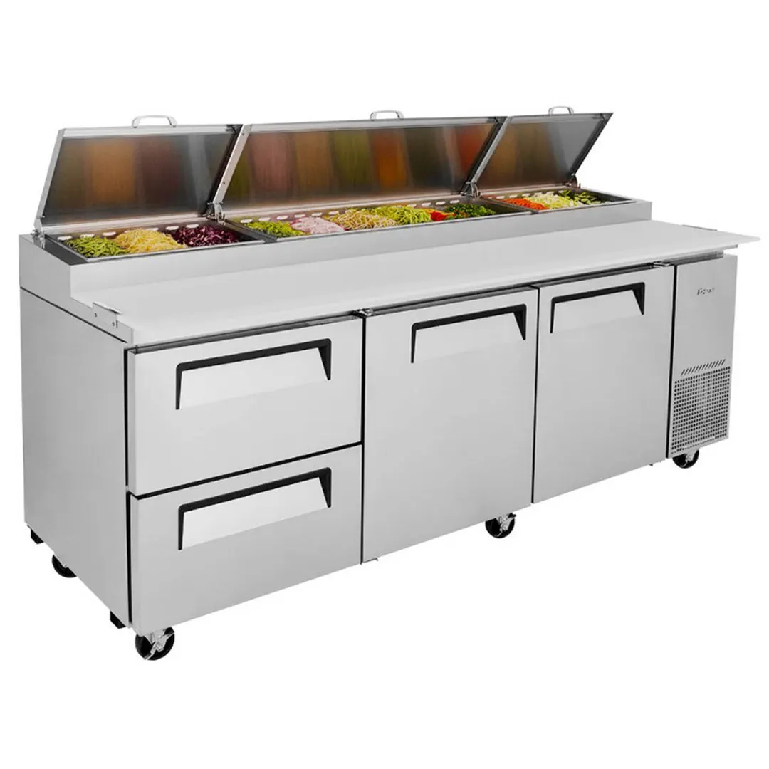 Turbo Air TPR-93SD-D2-N 93" Refrigerated Pizza Prep Table w/ 3 Doors, 12 Condiment Pans