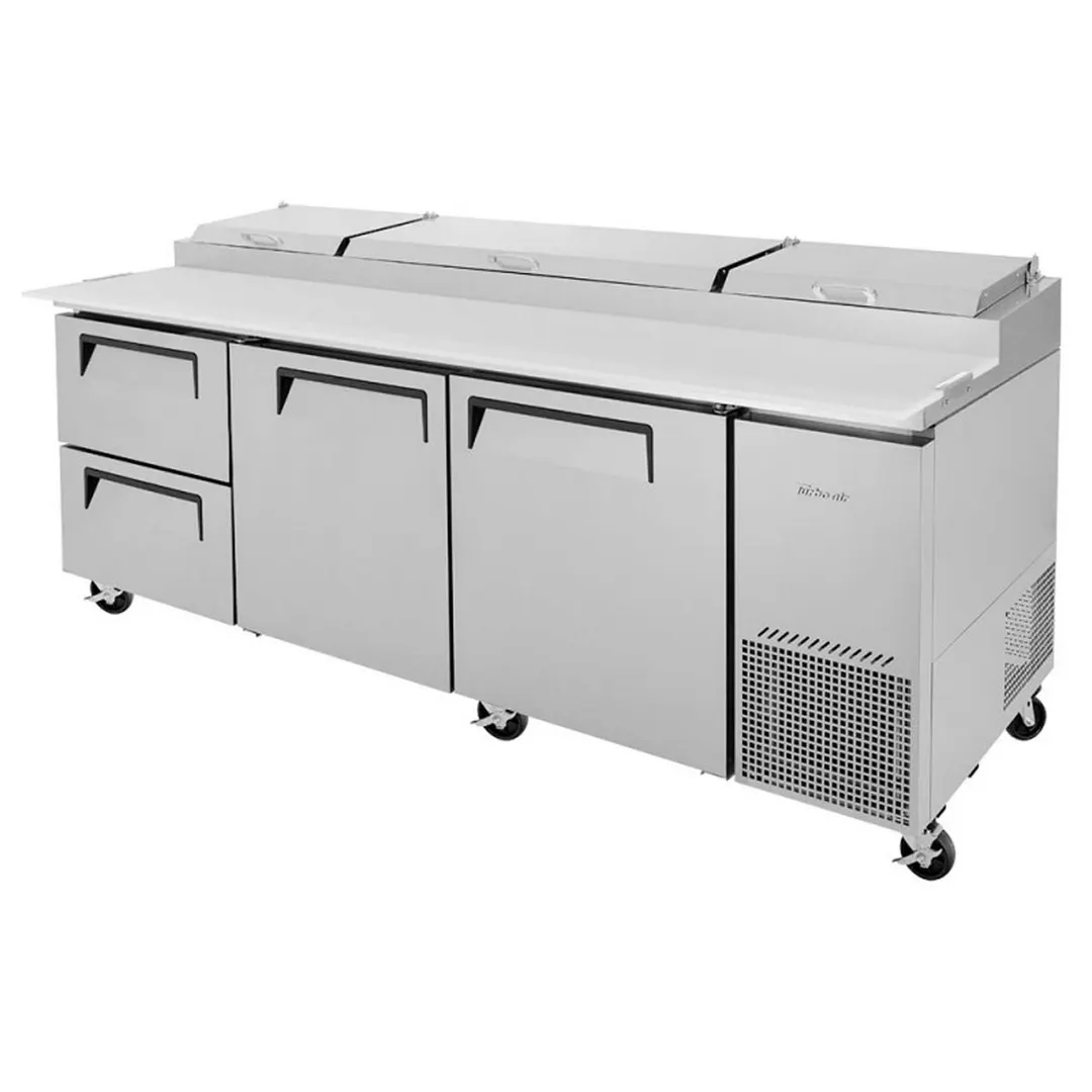 Turbo Air TPR-93SD-D2-N 93" Refrigerated Pizza Prep Table w/ 3 Doors, 12 Condiment Pans