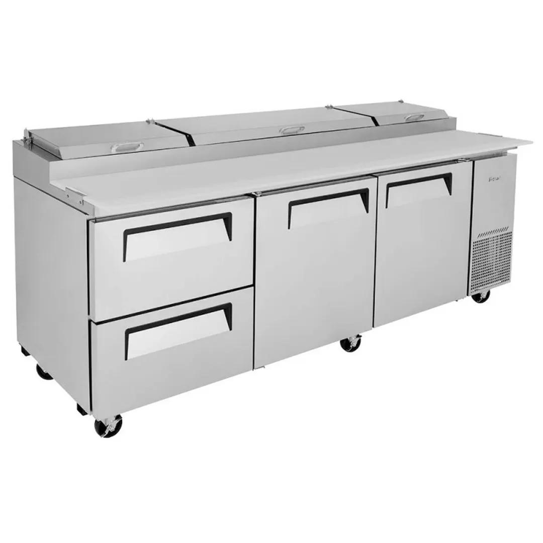 Turbo Air TPR-93SD-D2-N 93" Refrigerated Pizza Prep Table w/ 3 Doors, 12 Condiment Pans
