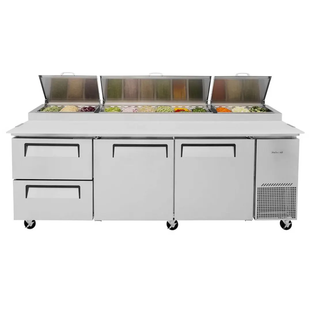 Turbo Air TPR-93SD-D2-N 93" Refrigerated Pizza Prep Table w/ 3 Doors, 12 Condiment Pans