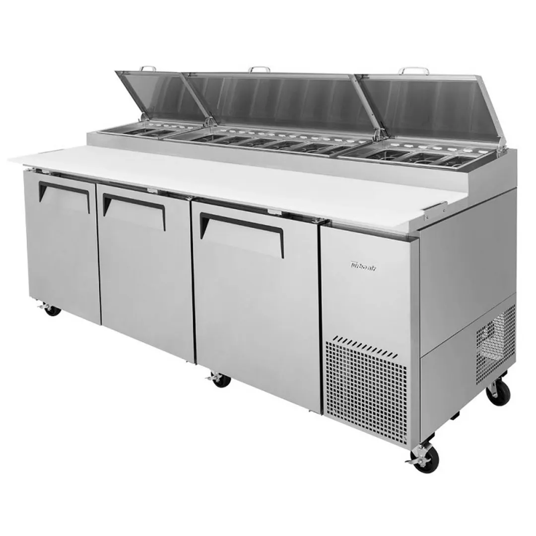 Turbo Air TPR-93SD-N 93" Refrigerated Pizza Prep Table w/ 3 Doors, 12 Condiment Pans
