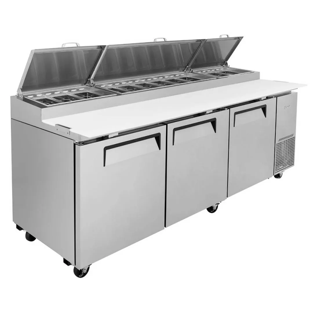 Turbo Air TPR-93SD-N 93" Refrigerated Pizza Prep Table w/ 3 Doors, 12 Condiment Pans