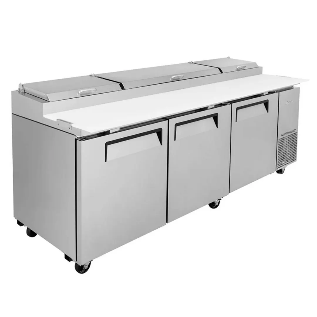 Turbo Air TPR-93SD-N 93" Refrigerated Pizza Prep Table w/ 3 Doors, 12 Condiment Pans
