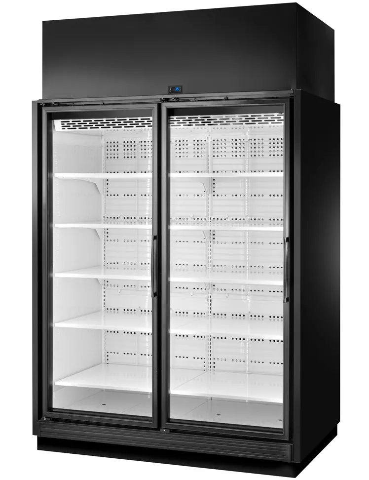 True TRM2M-YY-BLK-WHT-1BLKRR-4 Two‑Section Merchandiser Refrigerator, 77.9 cu ft