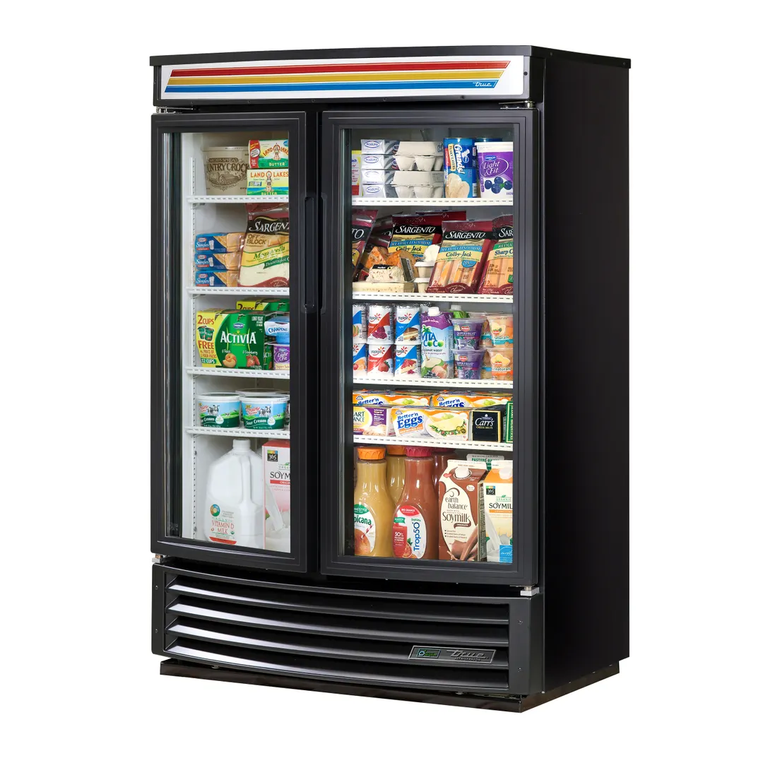 True GDM-14RF-HC-LD 30" 2-Section Glass Door Radius Front Merchandiser in Black, LED Lighting