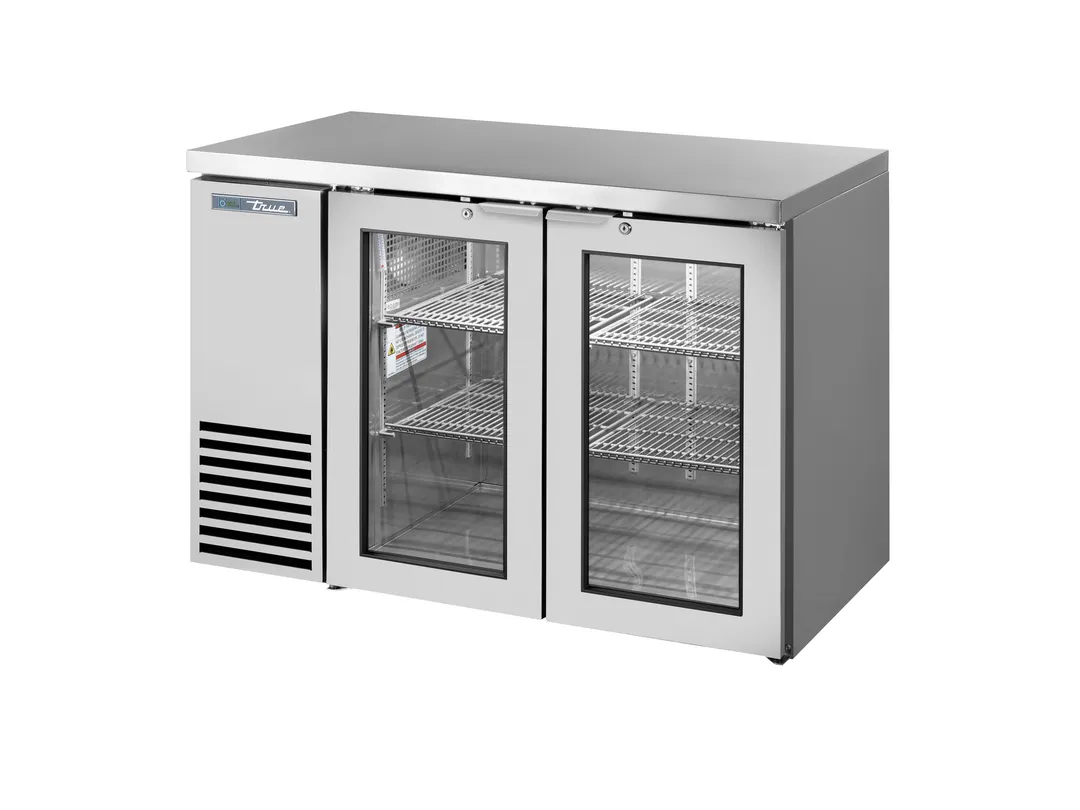 True TBB24-48-2G-Z1-SFT-S-1 48" Two‑Section Cooler, 76 6‑Pack 12oz Cans, Glass Doors, SS, R290, USA
