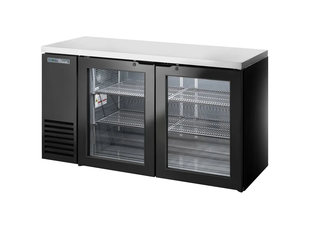 True TBB24-60-2G-Z1-SFT-B-1 60" Cooler, Black Doors, Holds 89 6‑Pack, 1/4 HP 115V R290, Made in USA