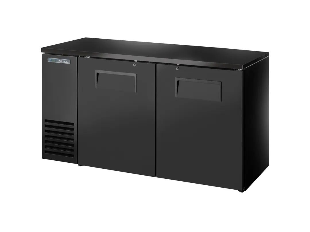True TBB24-60-2S-Z1-BST-B-1 60" Two‑Section Back Bar Cooler, Black Steel, 4‑Shelf, 115V, USA Made