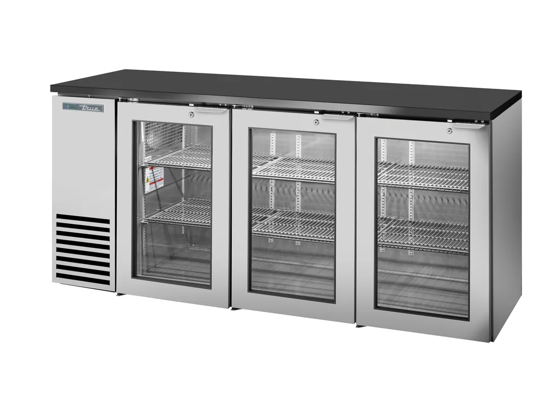 True TBB24-72-3G-Z1-BST-S-1 2‑Sec Bar Cooler, 72" W, 125 12‑oz Cans S/Blk Glass Doors Locks ¼HP 115V