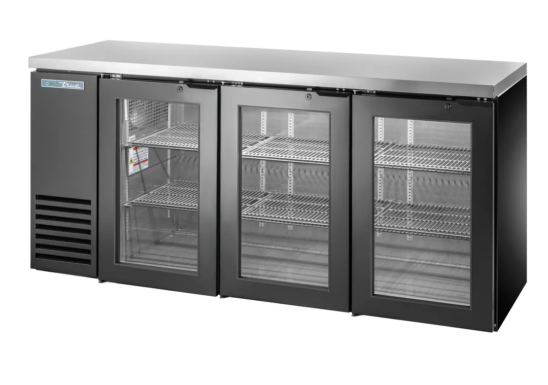 True TBB24-72-3G-Z1-SFT-B-1 72" Two‑Section Cooler, 125 6‑Pack Cans, 6‑Shelf, R290, 1/4 HP 115V