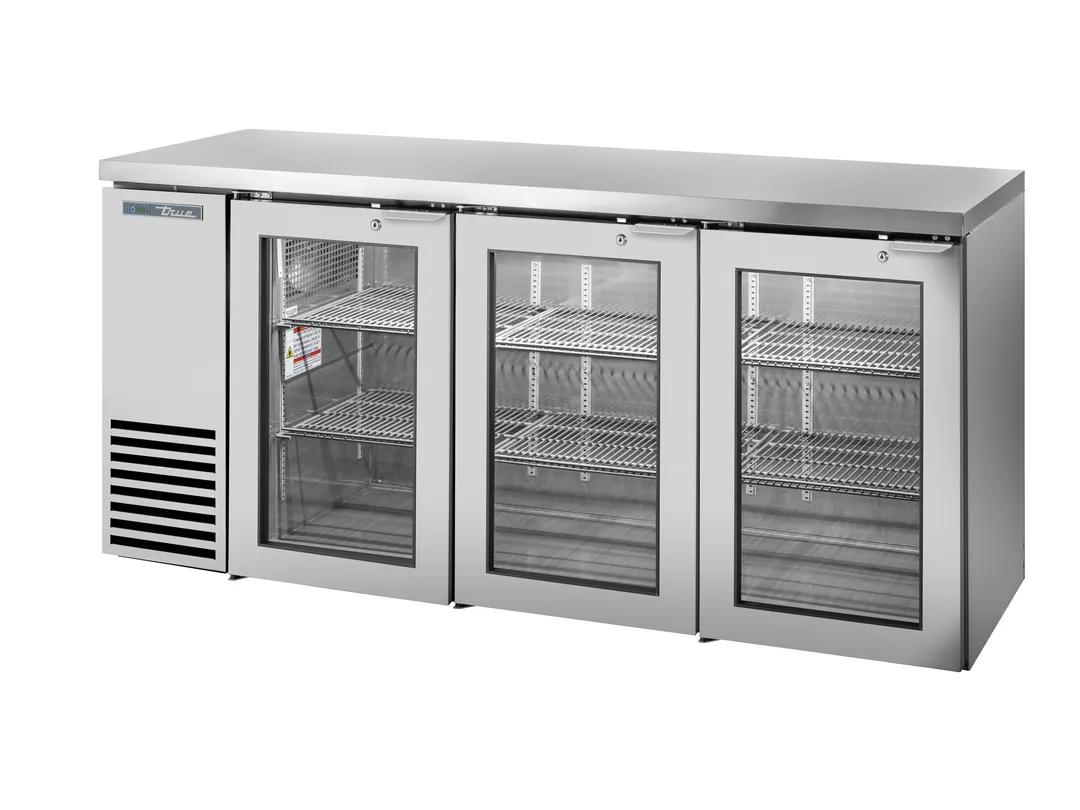 True TBB24-72-3G-Z1-SFT-S-1 72" Bar Cooler, 125/3½‑Barrel, 3 Doors, 6 Shelves, R290, 1/4 HP 115V