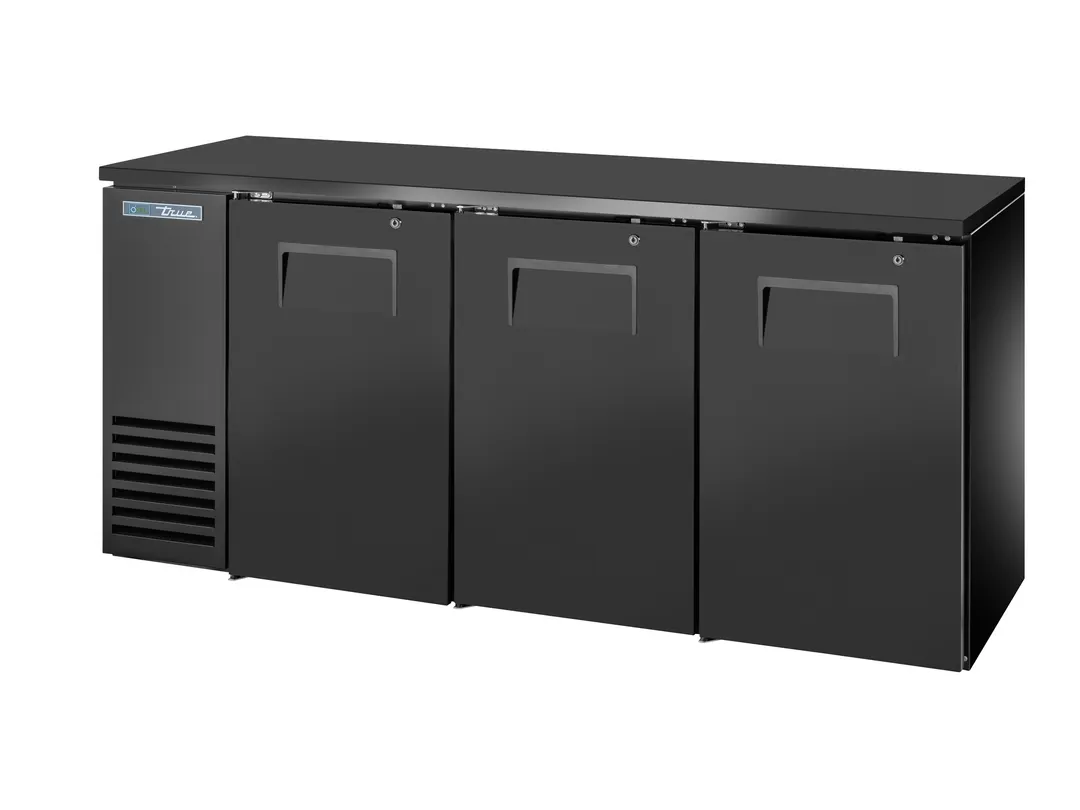 True TBB24-72-3S-Z1-BST-B-1 72" Cooler, 125 12oz Cans or 3 ½‑Barrels, 6 Shelves/3 Doors, Black Steel
