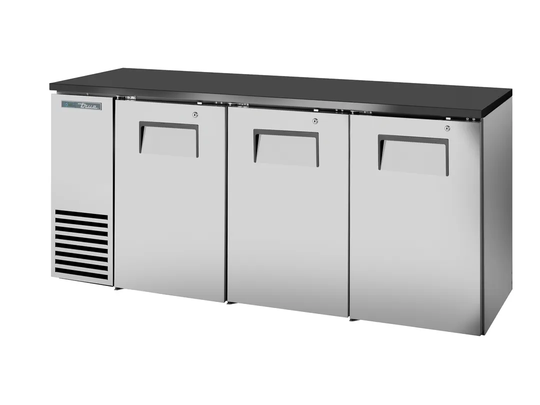 True TBB24-72-3S-Z1-BST-S-1 72" Back Bar Cooler, 125 Cans, Doors, Black SS, R290, 1/4 HP 115V, USA