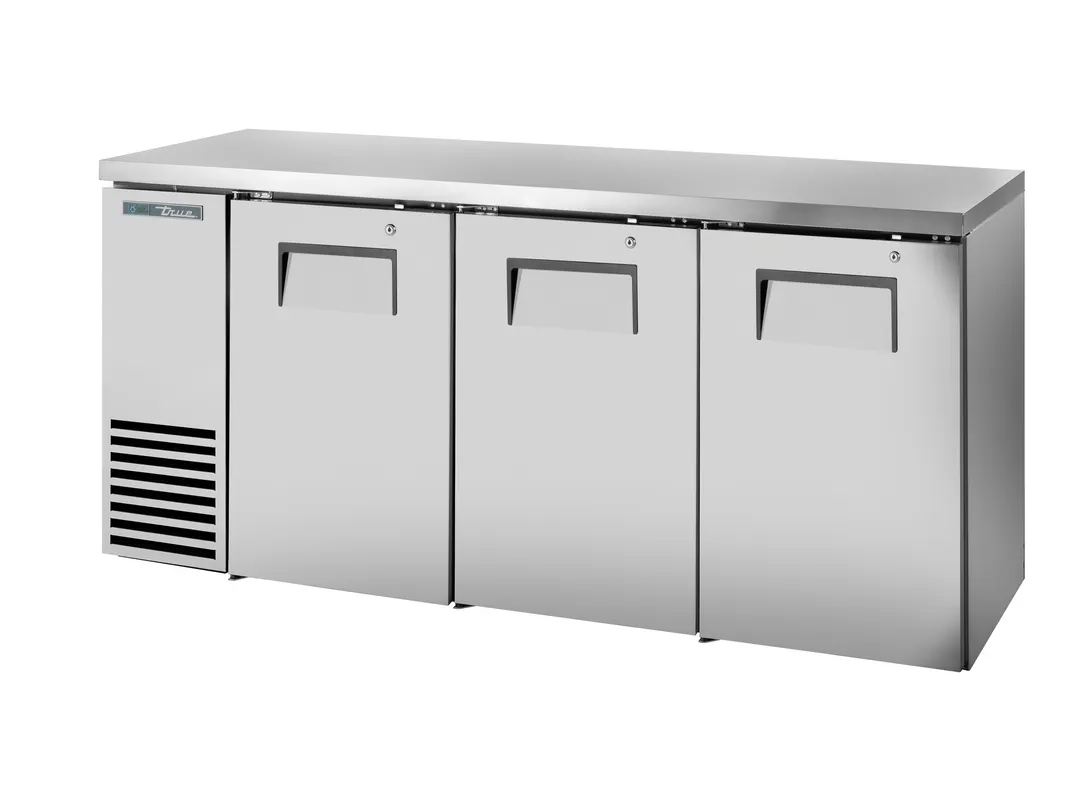 True TBB24-72-3S-Z1-SFT-S-1 72" 2‑Section Bar Cooler, 125 12‑oz Cans, Stainless, R290, 1/4 HP 115V