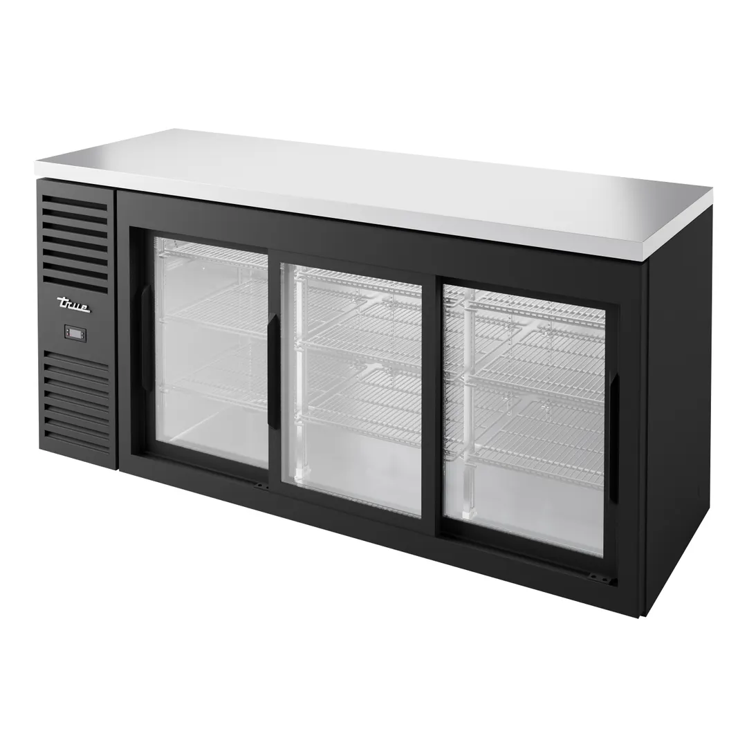 True TBR72-RISZ1-L-B-111-1 72" Back Bar Refrigerator with 3 Sliding Glass Doors & LED Lighting